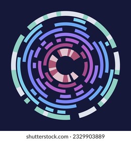 Abstract round vector shape. Rotating color lines. Concentric segments of circles. Trendy line and circle form technology logo icon. Cycle concentric rings. Abstract circular, radial loop element.