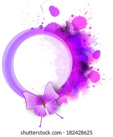 Abstract round watercolor frame in purple color with butterfly