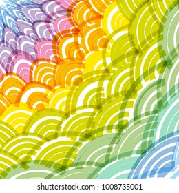 Abstract Round Wreath composition rainbow frame. simple Nature rainbow background with Asian wave circle pattern Green yellow orange pink purple blue colors card banner design. Vector