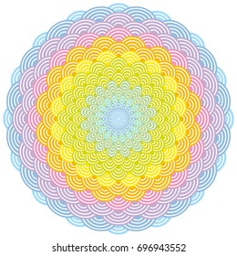 Abstract Round Wreath composition rainbow frame. scales simple Nature Asian wave circle pattern Green yellow orange pink purple blue colors card banner design on white background. Vector