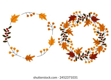 Abstract Round wreaths of leaves and twigs in trendy autumn shades Thanksgiving greetings concept