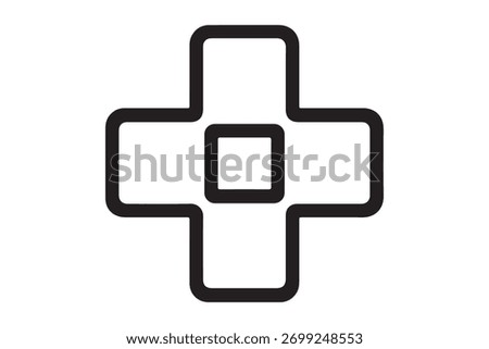 Abstract rounded cross icon with central square outline shape