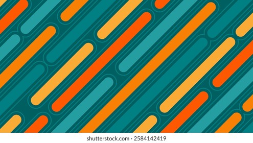 Abstract rounded diagonal stripe pattern. Teal, orange and green geometric design. The bold design offers a modern and energetic aesthetic background.