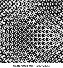 Resumen El arte de línea redondeada es un patrón sin fisuras en blanco y negro.El color del círculo geométrico en blanco y negro es un patrón sin fisuras. Ilustración redonda vectorial para tarjetas de felicitación.Círculo transparente.