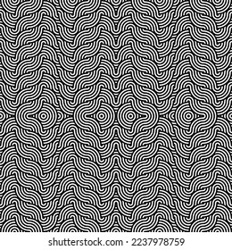 Abstract Rounded line art seamless pattern in black and white.Black and white geometric circle impossible background seamless pattern. Round vector illustration for greeting cards.Seamless circle.