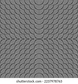 Resumen El arte de línea redondeada es un patrón sin fisuras en blanco y negro.El color del círculo geométrico en blanco y negro es un patrón sin fisuras. Ilustración redonda vectorial para tarjetas de felicitación.Círculo transparente.