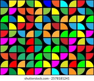 Abstract rounded quarters. Vector colorful circles canvas. Colorful background and four parts of a circle. Geometric pattern.