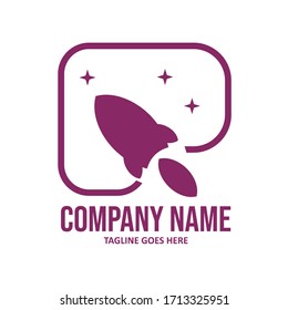 Abstract rounded R logo letter with rocket and stars in purple frame
