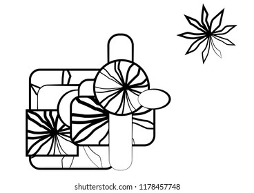 Abstract rounded rectangles and circles shapes with floral elements inside 