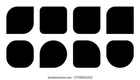 Abstract rounded square shapes set. Minimal geometric icons collection black vector