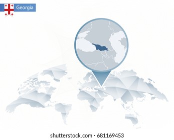 Abstract rounded World Map with pinned detailed Georgia map. Map and flag of Georgia. Vector Illustration.