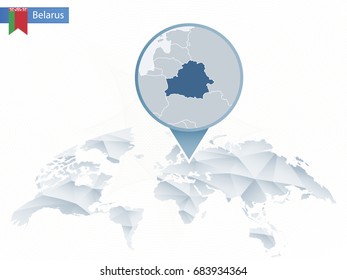 Abstract rounded World Map with pinned detailed Belarus map. Map and flag of Belarus. Vector Illustration.