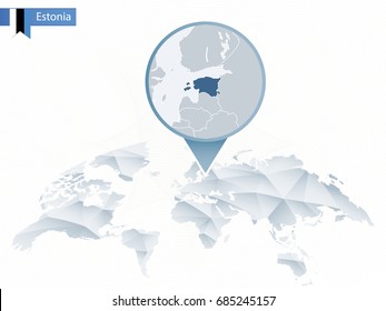 Abstract rounded World Map with pinned detailed Estonia map. Map and flag of Estonia. Vector Illustration.
