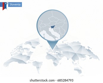 Abstract rounded World Map with pinned detailed Slovenia map. Map and flag of Slovenia. Vector Illustration.
