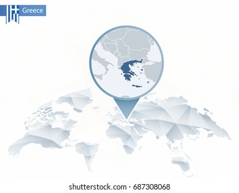 Abstract rounded World Map with pinned detailed Greece map. Map and flag of Greece. Vector Illustration.