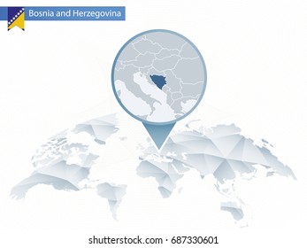 Abstract rounded World Map with pinned detailed Bosnia and Herzegovina map. Map and flag of Bosnia and Herzegovina. Vector Illustration.