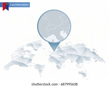 Abstract rounded World Map with pinned detailed Liechtenstein map. Vector Illustration.