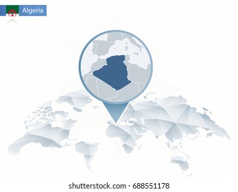 Abstract rounded World Map with pinned detailed Algeria map. Map and flag of Algeria. Vector Illustration.