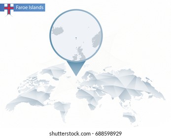 Abstract rounded World Map with pinned detailed Faroe Islands map. Vector Illustration.