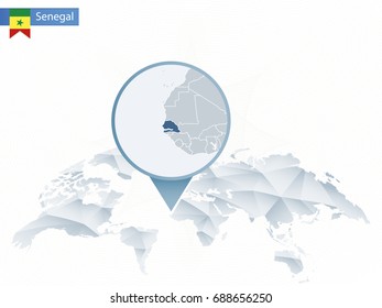Abstract rounded World Map with pinned detailed Senegal map. Map and flag of Senegal. Vector Illustration.
