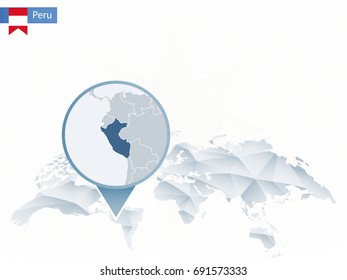 Abstract rounded World Map with pinned detailed Peru map. Vector Illustration.