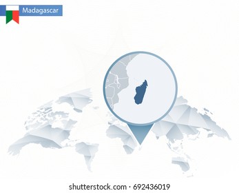 Abstract rounded World Map with pinned detailed Madagascar map. Vector Illustration.