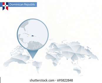 Abstract rounded World Map with pinned detailed Dominican Republic map. Vector Illustration.