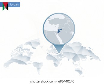 Abstract rounded World Map with pinned detailed Jordan map. Vector Illustration.