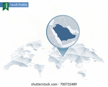 Abstract rounded World Map with pinned detailed Saudi Arabia map. Vector Illustration.