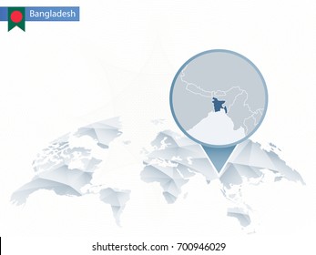 Abstract rounded World Map with pinned detailed Bangladesh map. Vector Illustration.