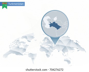 Abstract rounded World Map with pinned detailed Turkmenistan map. Vector Illustration.