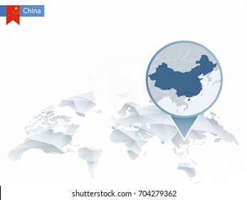 Abstract rounded World Map with pinned detailed China map. Vector Illustration.
