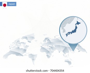 Abstract rounded World Map with pinned detailed Japan map. Vector Illustration.
