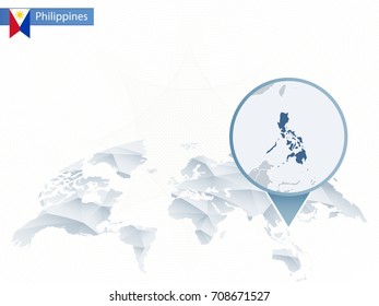 Abstract rounded World Map with pinned detailed Philippines map. Vector Illustration.
