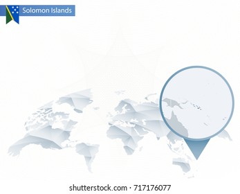 Abstract rounded World Map with pinned detailed Solomon Islands map. Vector Illustration.