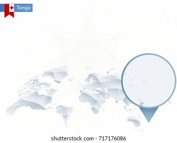 Abstract rounded World Map with pinned detailed Tonga map. Vector Illustration.
