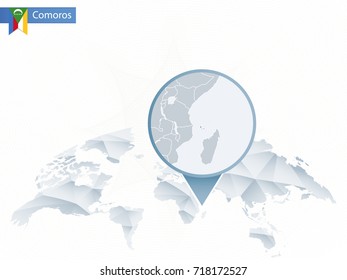 Abstract rounded World Map with pinned detailed Comoros map. Vector Illustration.