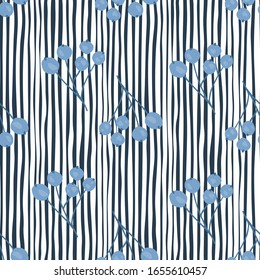 Berry rowan abstracto y hojas sin fisuras en el fondo de rayas. Papel tapiz botánico. Diseño de impresión textil. Diseño de tejidos, tejidos textiles, papel de envolver, productos textiles de cocina. Ilustración del vector