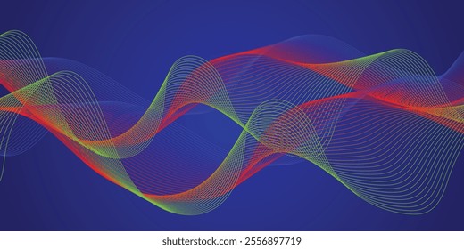 Abstract royal blue background with curve shape, abstract blue background with dynamic green red curve line, abstract royal blue background with curve