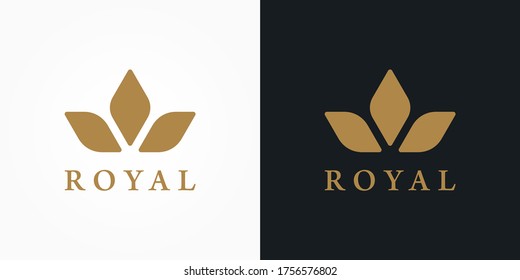 Resumen del logotipo real. Combinación de Corona de Oro y Hojas aisladas en doble fondo. Usable para Naturaleza, Salón, Spa, Cosméticos y Logotipos de Belleza. Elemento de plantilla de diseño de logotipo de vectores planos.