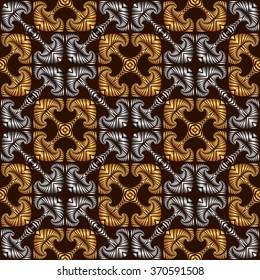 Abstract royal seamless pattern with decorative ornament of golden and silver shades on dark brown background