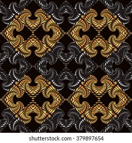 Abstract royal seamless pattern with deep golden and silver gradient decorative ornament on black background