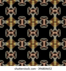 Abstract royal seamless pattern with golden, silver and bronze decorative elements on black background