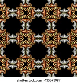 Abstract royal seamless pattern with golden, silver and brass decorative elements on black background