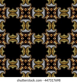 Abstract royal seamless pattern with golden, silver and bronze decorative elements on black background