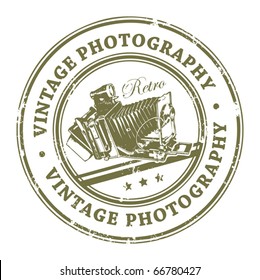 Abstract rubber grunge stamp with old film camera and the word Vintage Photography, vector illustration