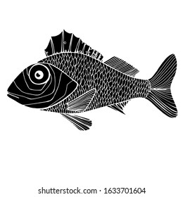 Abstract ruff fish in black and white. isolated illustration, one freshwater fish in side view, Fishing, small spiny fish. biology, underwater world. wildlife. Hand-made graphics for children.