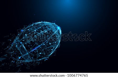 Abstract rugby ball from lines and triangles, point connecting network on blue background. Illustration vector