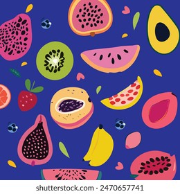 Frutas Abstractas. Simple Vector plano de frutas sobre fondo blanco. Colorida ilustración geométrica estilo minimalista. 