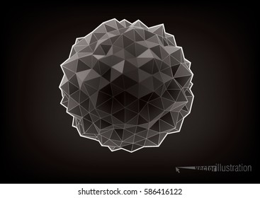 Abstract rumpled sphere with triangular faces for graphic design on the black background